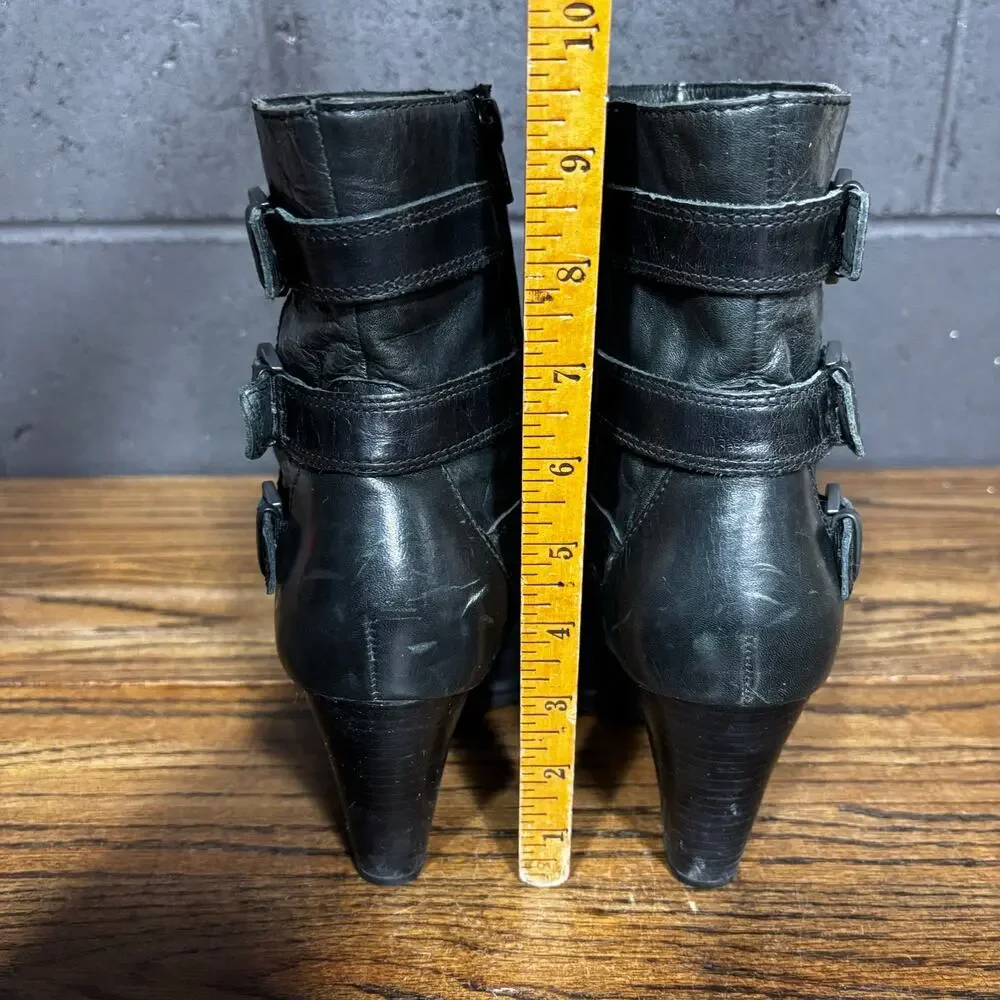 Born Black Leather Buckle Ankle Boots High Heel Moto Western Booties Womens 8.5